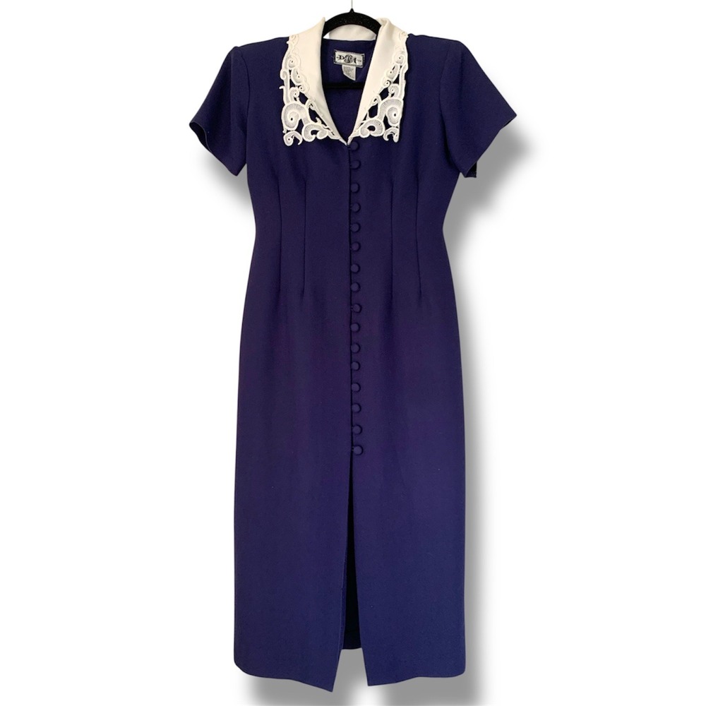 Dot Vintage Midi Dress Women 5/6 Blue Lace Collar Button Front 90s Preppy Modest